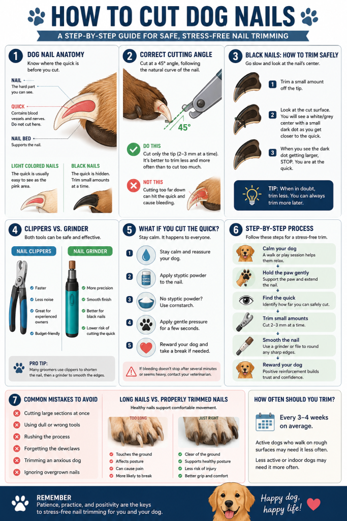 Step-by-step infographic showing how to cut dog nails safely, including nail anatomy, trimming black nails, avoiding the quick, and using clippers or a nail grinder.